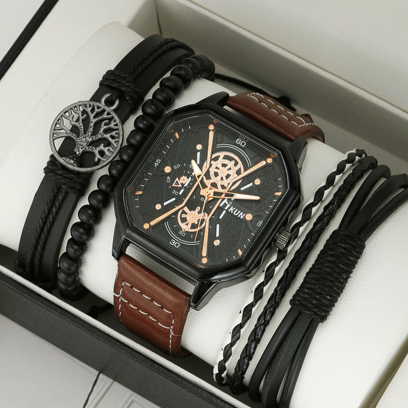Men's Alloy And Imitation Leather Square Double Layer Shell Sports Casual Bracelet Set Quartz Watch