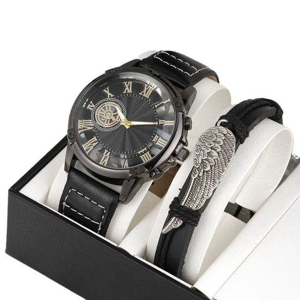 Men's Alloy And Imitation Leather Wings Bracelet Set With Round Dial Quartz Watch Simple Sports Style