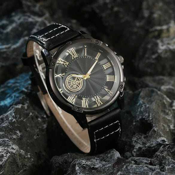 Men's Alloy And Imitation Leather Wings Bracelet Set With Round Dial Quartz Watch Simple Sports Style