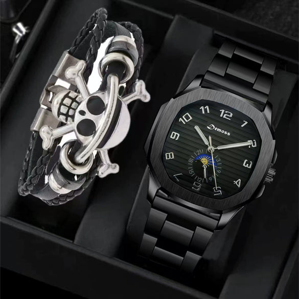 Men's Alloy And Pu Band Digital Quartz Watch With Skull Head Design And Round Dial