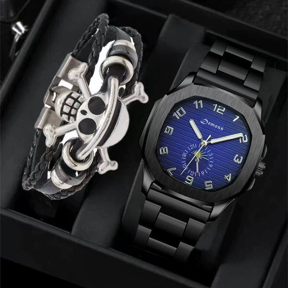 Men's Alloy And Pu Band Digital Quartz Watch With Skull Head Design And Round Dial