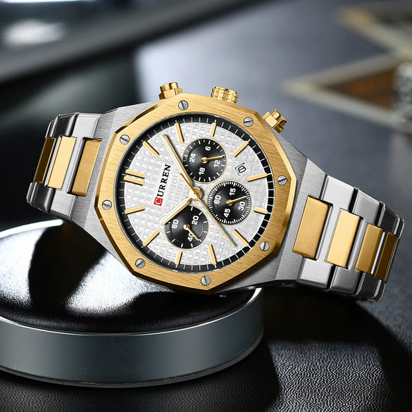 Men's Alloy And Stainless Steel Business Round Dial Quartz Chronograph Watch With Printed Logo