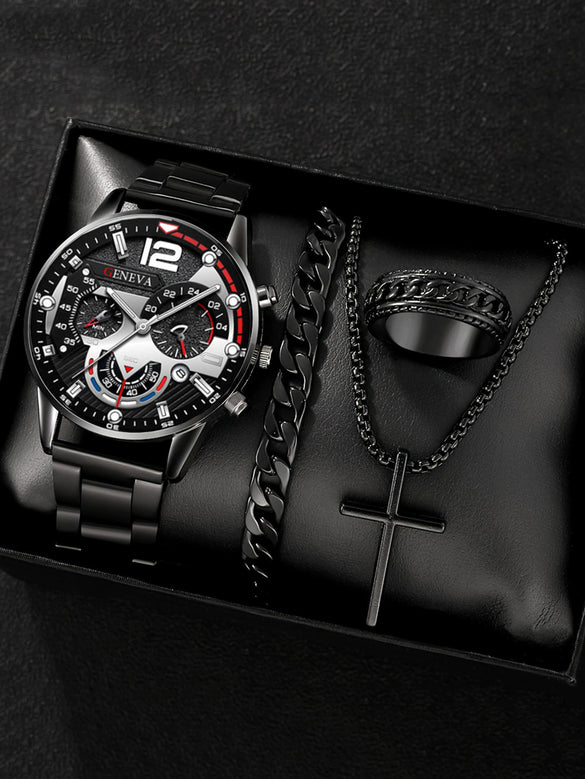 Men's Alloy And Stainless Steel Business Style Round Dial Quartz Watch And Ring Cross Necklace Bracelet