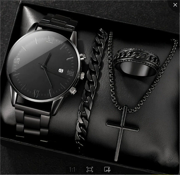 Men's Alloy And Stainless Steel Business Style Round Dial Quartz Watch And Ring Cross Necklace Bracelet