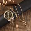 Men's Alloy And Stainless Steel Business Style Round Dial Quartz Watch And Ring Cross Necklace Bracelet