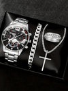 Men's Alloy And Stainless Steel Business Style Round Dial Quartz Watch And Ring Cross Necklace Bracelet