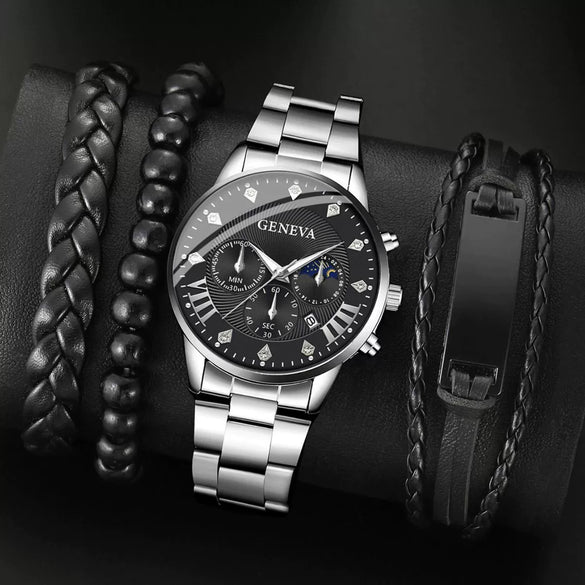 Men's Alloy And Stainless Steel Business Style Round Dial Quartz Wrist Watch With Horseshoe Buckle