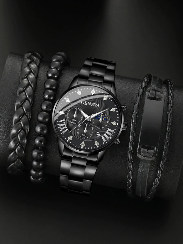 Men's Alloy And Stainless Steel Business Style Round Dial Quartz Wrist Watch With Horseshoe Buckle
