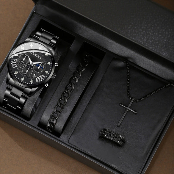Men's Alloy And Stainless Steel Business Style Round Dial Watch With Horseshoe Buckle
