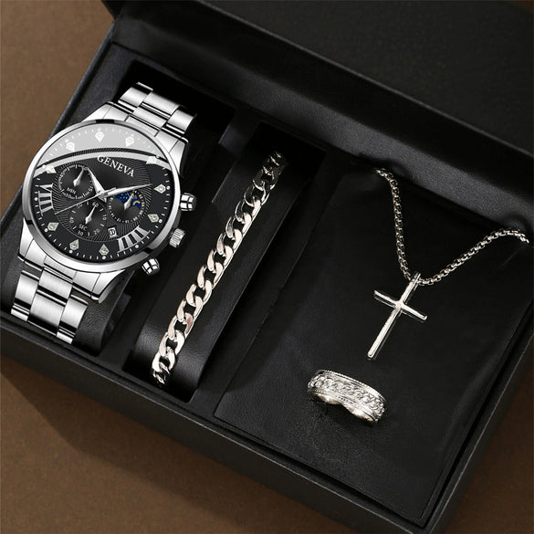 Men's Alloy And Stainless Steel Business Style Round Dial Watch With Horseshoe Buckle