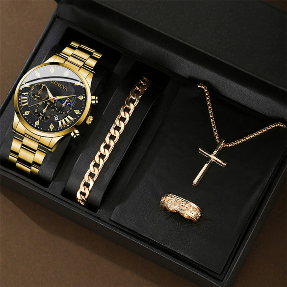 Men's Alloy And Stainless Steel Business Style Round Dial Watch With Horseshoe Buckle