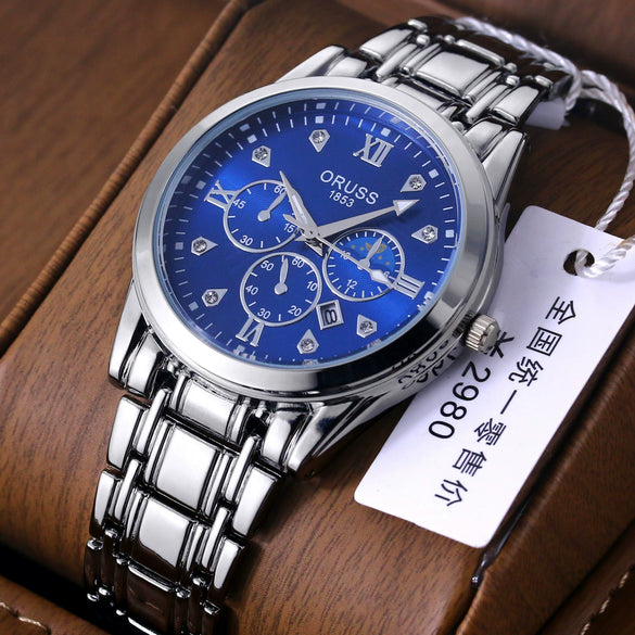 Men's Alloy And Stainless Steel Waterproof Quartz And Automatic Movement Round Dial Luminous Watch With Onion Crown And Bilateral Button Clasp