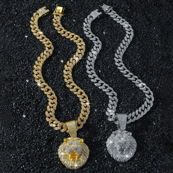 Men's Alloy Animal Lion Head Geometric Pattern Cuban Chain Pendant Necklace With Electroplating