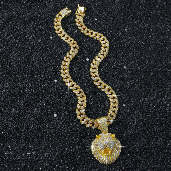 Men's Alloy Animal Lion Head Geometric Pattern Cuban Chain Pendant Necklace With Electroplating