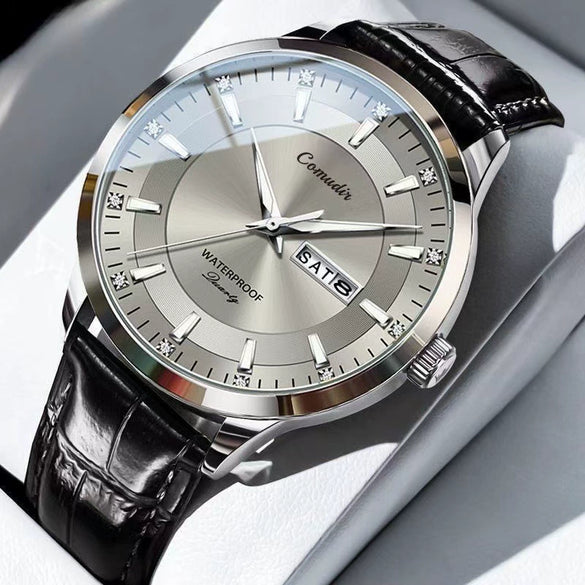 Men's Alloy Automatic Imitation Mechanical Round Business Style Waterproof Luminous Dual Calendar Watch