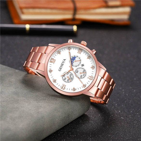 Men's Alloy Band Business Style Round Dial Quartz Watch With Sun Moon And Stars And Roman Numerals