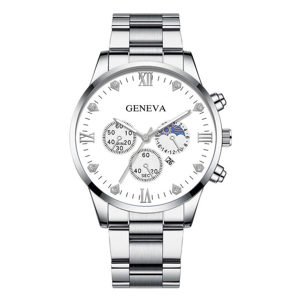 Men's Alloy Band Business Style Round Dial Quartz Watch With Sun Moon And Stars And Roman Numerals