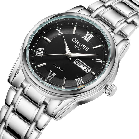 Men's Alloy Band Quartz Watch Business Luminous Double Calendar Casual Round Dial Watch