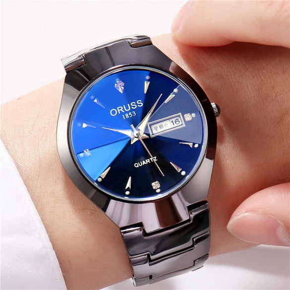 Men's Alloy Band Quartz Watch Business Luminous Double Calendar Casual Round Dial Watch