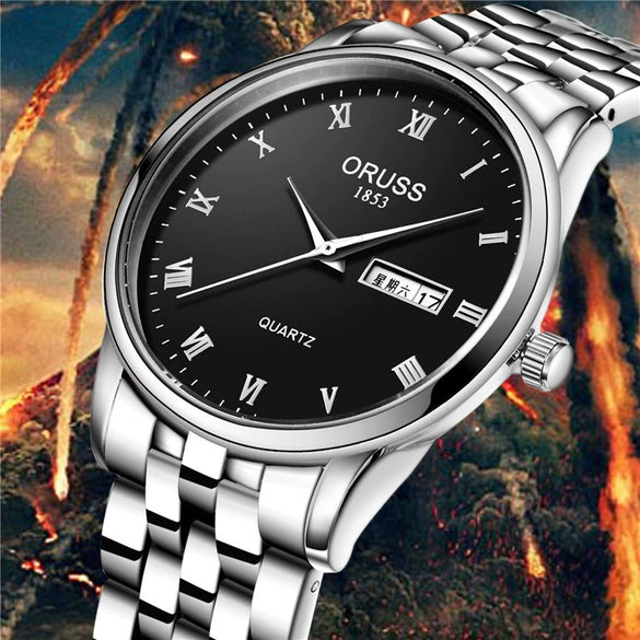 Men's Alloy Band Quartz Watch Business Luminous Double Calendar Casual Round Dial Watch