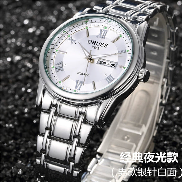 Men's Alloy Band Quartz Watch Business Luminous Double Calendar Casual Round Dial Watch