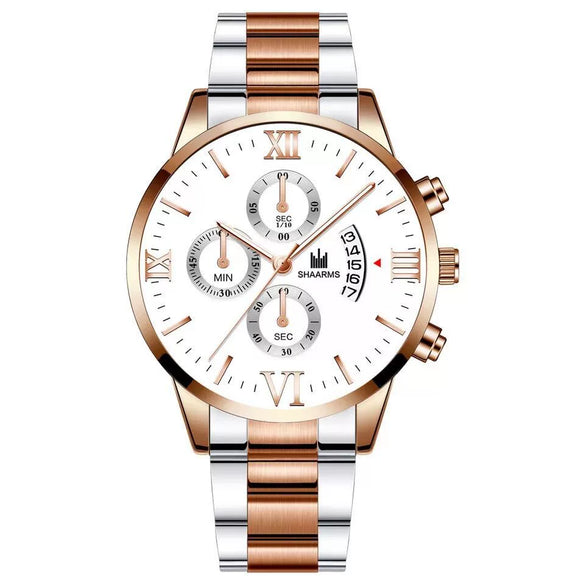 Men's Alloy Band Quartz Watch With Round Dial And Horseshoe Buckle Simple Roman Scale Fashionable And