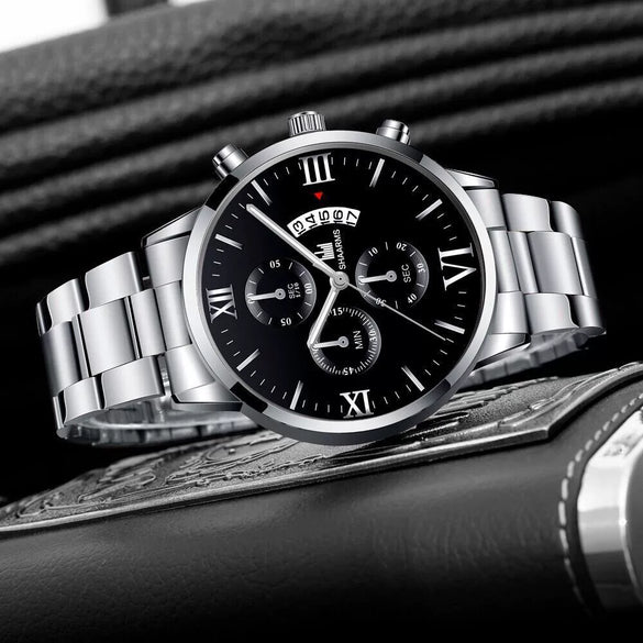 Men's Alloy Band Quartz Watch With Round Dial And Horseshoe Buckle Simple Roman Scale Fashionable And