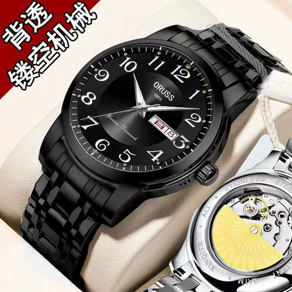 Men's Alloy Band Round Dial Fashion Trend Automatic Fake Mechanical Waterproof Luminous Double Calendar Watch