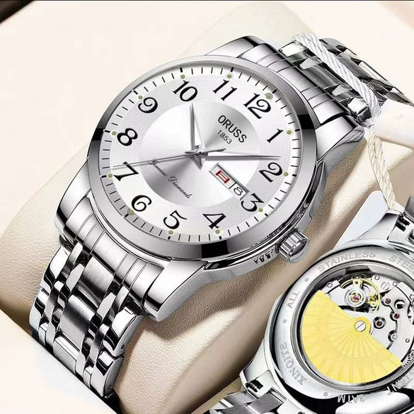 Men's Alloy Band Round Dial Fashion Trend Automatic Fake Mechanical Waterproof Luminous Double Calendar Watch
