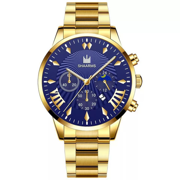 Men's Alloy Belt Casual Nonmechanical Calendar Watch With Round Dial And Printed Logo