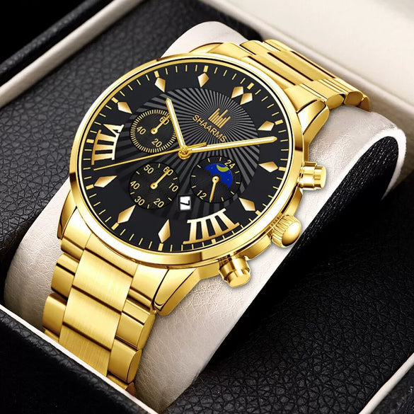 Men's Alloy Belt Casual Nonmechanical Calendar Watch With Round Dial And Printed Logo