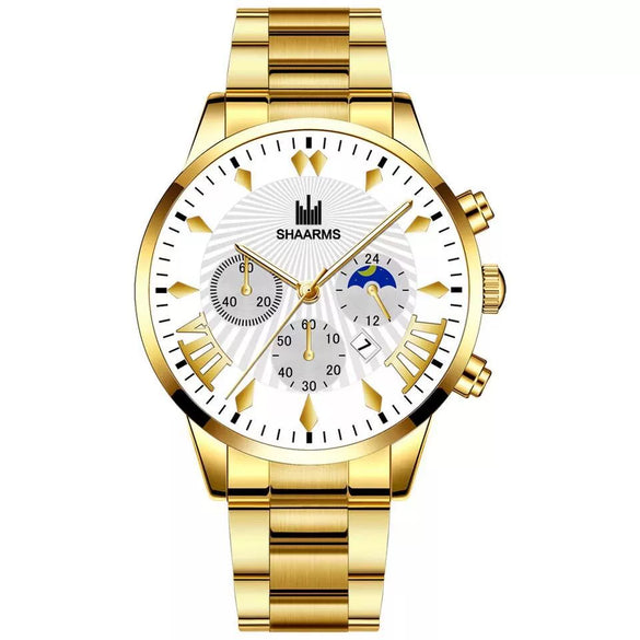 Men's Alloy Belt Casual Nonmechanical Calendar Watch With Round Dial And Printed Logo