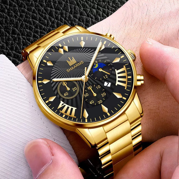 Men's Alloy Belt Casual Nonmechanical Calendar Watch With Round Dial And Printed Logo