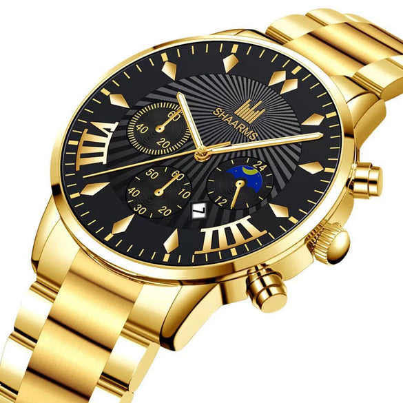 Men's Alloy Belt Casual Nonmechanical Calendar Watch With Round Dial And Printed Logo