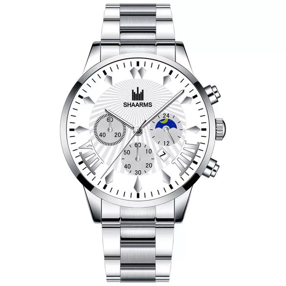 Men's Alloy Belt Casual Nonmechanical Calendar Watch With Round Dial And Printed Logo