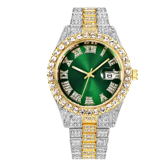 Men's Alloy Belt Quartz Watch Hiphop Business Style Round Dial With Calendar And Full Diamond Design