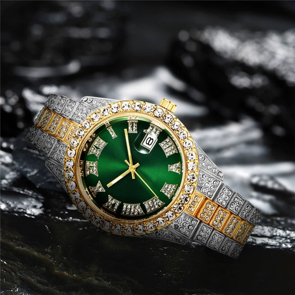 Men's Alloy Belt Quartz Watch Hiphop Business Style Round Dial With Calendar And Full Diamond Design