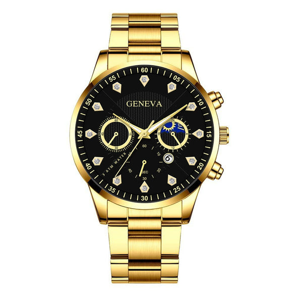 Men's Alloy Belt Watch With Sun Moon Star Design Round Dial Business Style