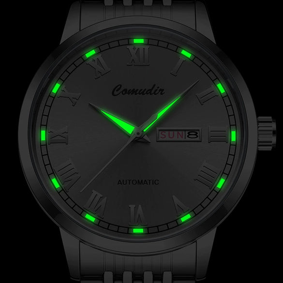 Men's Alloy Case And Strap Fully Automatic Mechanical And Quartz Watch Round Dial Mineral Reinforced Glass Mirror Waterproof Luminous Dual Calendar Business Style