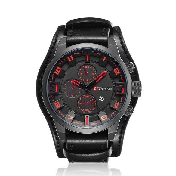 Men's Alloy Case Genuine Leather Strap Round Dial Leisure Waterproof Quartz Watch