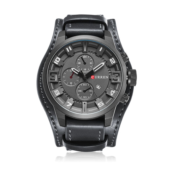 Men's Alloy Case Genuine Leather Strap Round Dial Leisure Waterproof Quartz Watch