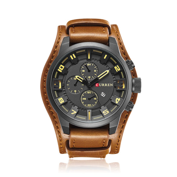 Men's Alloy Case Genuine Leather Strap Round Dial Leisure Waterproof Quartz Watch