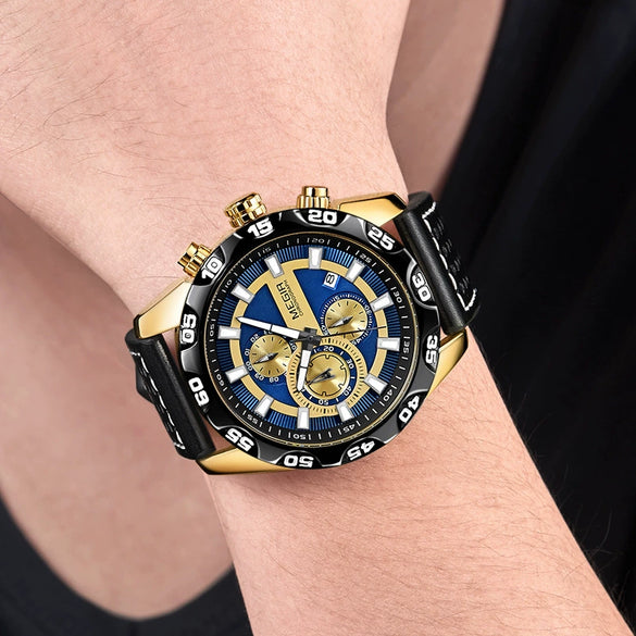 Men's Alloy Case Genuine Leather Strap Round Dial Quartz Multifunction Fashion Sport Allmatch Watch