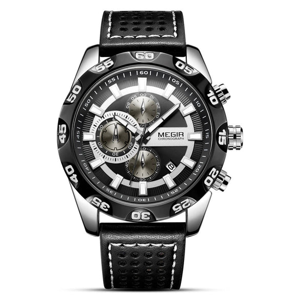 Men's Alloy Case Genuine Leather Strap Round Dial Quartz Multifunction Fashion Sport Allmatch Watch