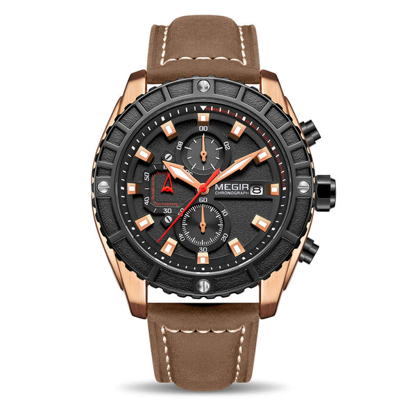 Men's Alloy Case Genuine Leather Strap Round Dial Sports Watch