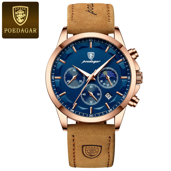 Men's Alloy Case Genuine Leather Strap Sport Style Round Dial Quartz Watch With Mineral Reinforced Glass Mirror And Onion Crown