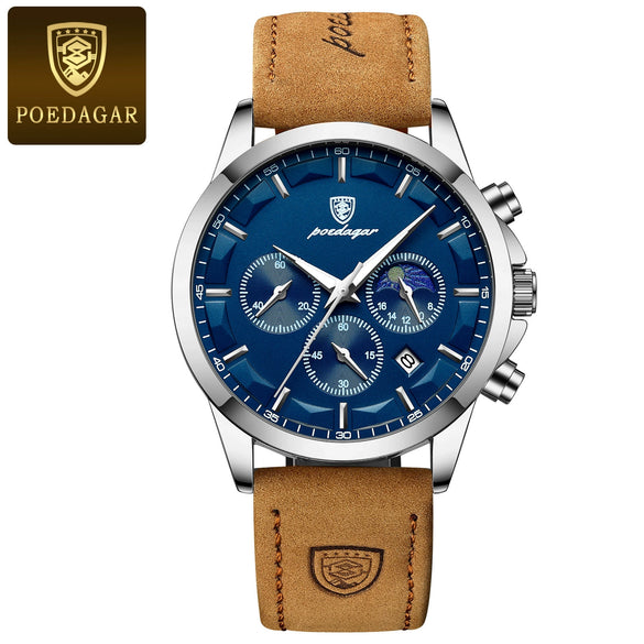 Men's Alloy Case Genuine Leather Strap Sport Style Round Dial Quartz Watch With Mineral Reinforced Glass Mirror And Onion Crown