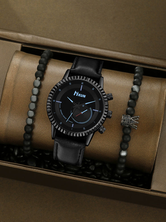 Men's Alloy Case Imitation Leather Strap Quartz Watch With Round Dial And Printed Logo Gear Dial Design Pin Buckle Plain Crown Ordinary Glass Mirror