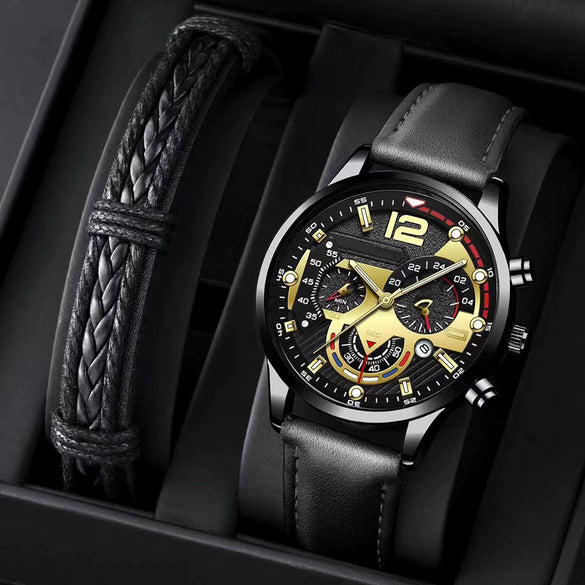 Men's Alloy Case Imitation Leather Strap Round Dial Quartz Business Watch With Luminous Pointer And Titanium Metal Clasp