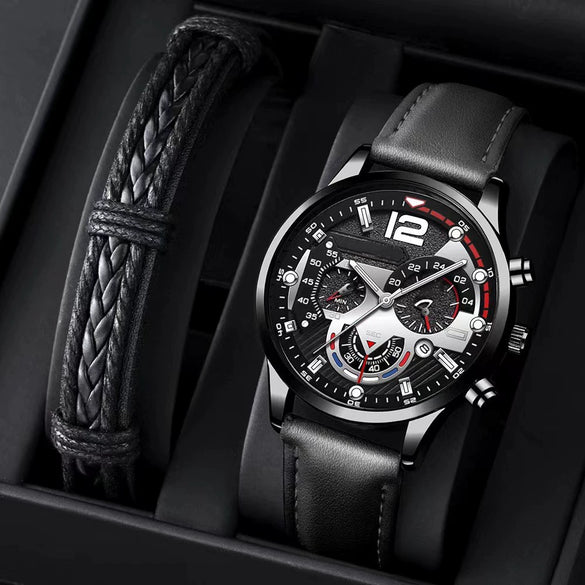 Men's Alloy Case Imitation Leather Strap Round Dial Quartz Business Watch With Luminous Pointer And Titanium Metal Clasp